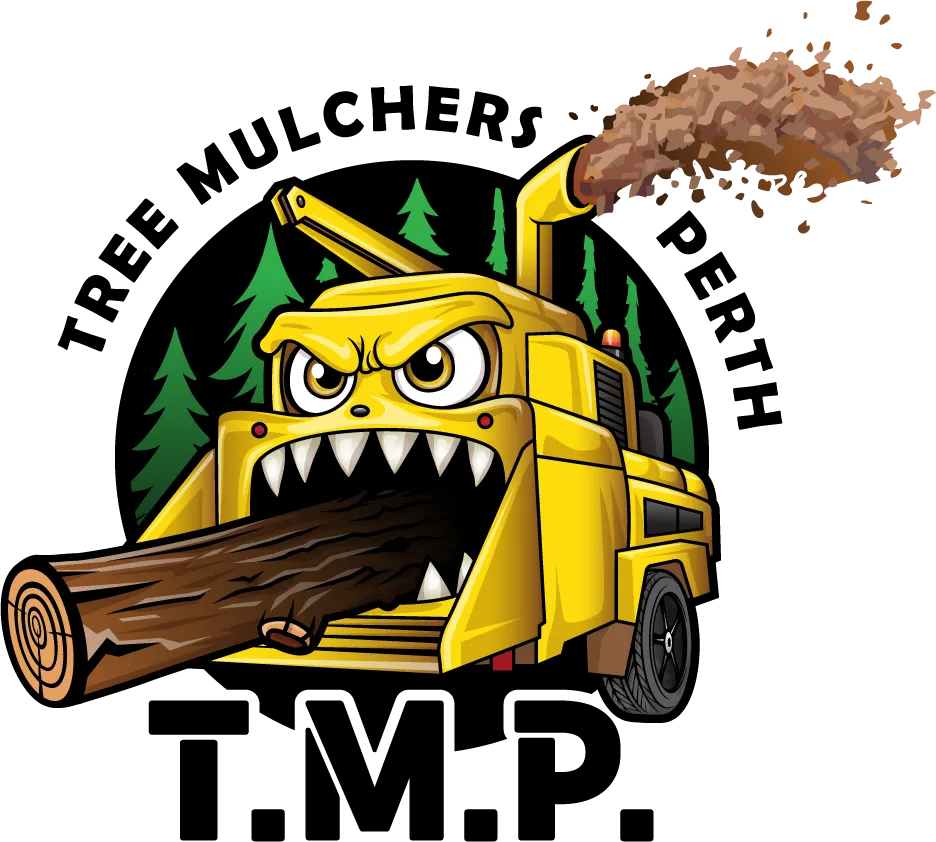 Tree Mulchers Perth logo: a yellow woodchipper with an angry face chewing through a log and spraying mulch